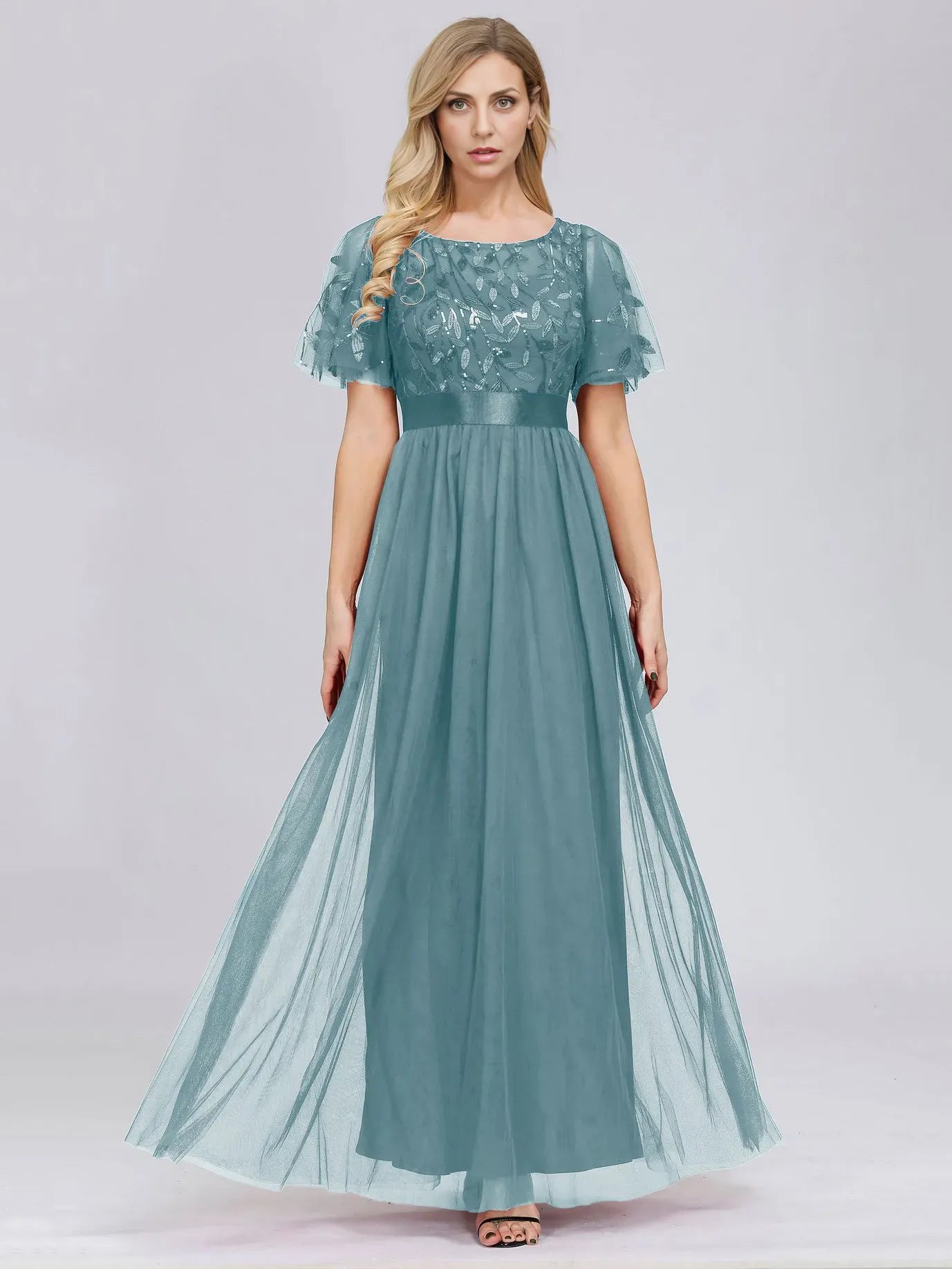 Weitese Dress A-Line Tulle Party Dresses Short Sleeves Semi Scoop Formal Maxi Prom Dress