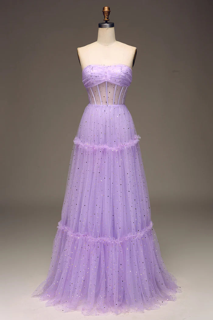Robe Weitese trapèze en tulle sans bretelles, corset violet, robe de bal, robe longue, fermeture éclair, sans manches, robe de soirée 