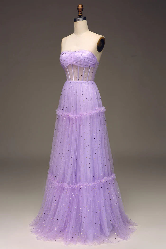 Robe Weitese trapèze en tulle sans bretelles, corset violet, robe de bal, robe longue, fermeture éclair, sans manches, robe de soirée 