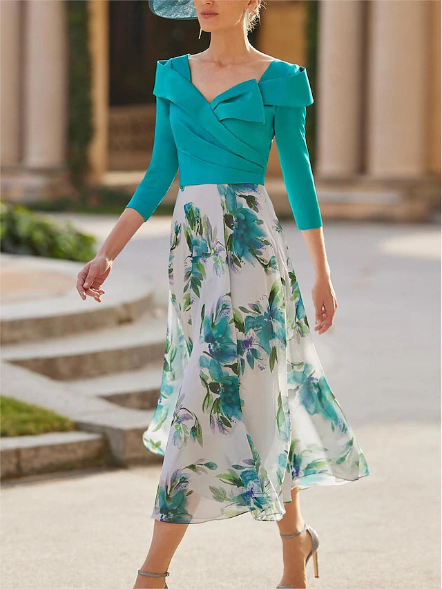 Weitese Dress A-Line Two Piece Wedding Guest Elegant Vintage V Neck Tea Length Chiffon 3/4 Length Sleeve With Bow(s) Ruched Flower Wedding Guest Dress Mother of the Bride Dress