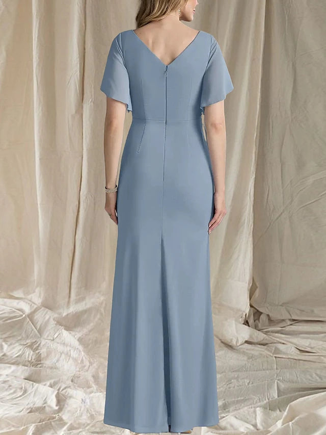 Weitese Dress A-Line Wedding Guest Elegant Sweet V Neck Floor Length Chiffon Short Sleeve Mother of the Bride Dress
