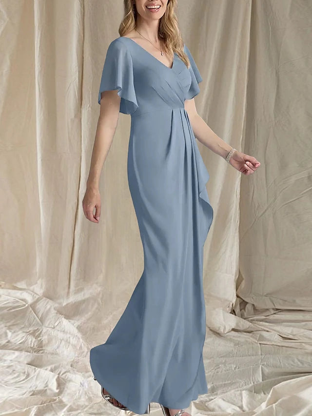 Weitese Dress A-Line Wedding Guest Elegant Sweet V Neck Floor Length Chiffon Short Sleeve Mother of the Bride Dress