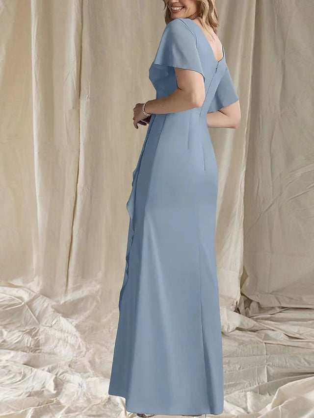 Weitese Dress A-Line Wedding Guest Elegant Sweet V Neck Floor Length Chiffon Short Sleeve Mother of the Bride Dress