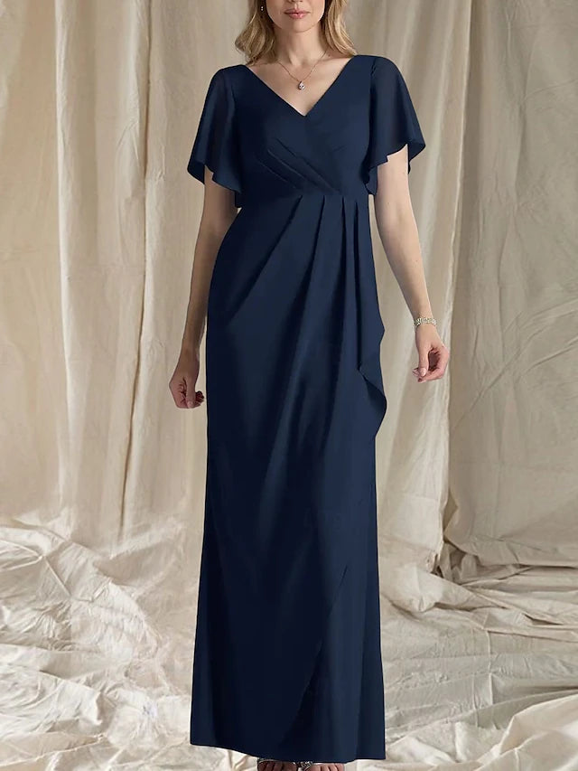Weitese Dress A-Line Wedding Guest Elegant Sweet V Neck Floor Length Chiffon Short Sleeve Mother of the Bride Dress