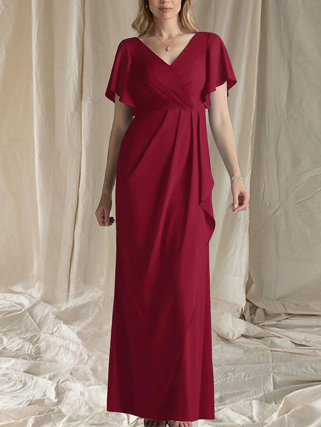 Weitese Dress A-Line Wedding Guest Elegant Sweet V Neck Floor Length Chiffon Short Sleeve Mother of the Bride Dress