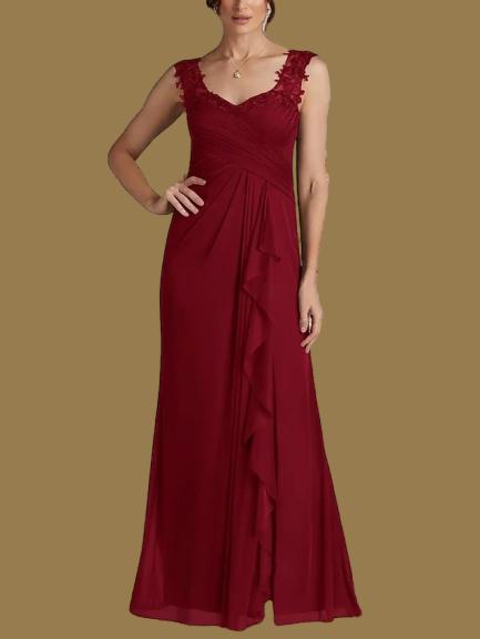 Weitese Dress A-Line Wedding Guest Elegant Sweetheart Floor Length Chiffon Sleeveless With Appliques Split Front Ruching Mother of the Bride Dress