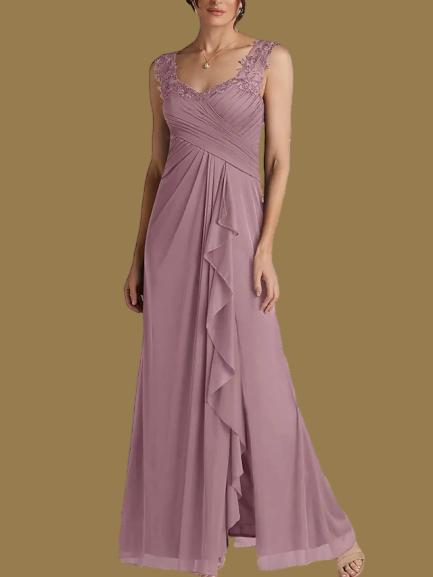 Weitese Dress A-Line Wedding Guest Elegant Sweetheart Floor Length Chiffon Sleeveless With Appliques Split Front Ruching Mother of the Bride Dress