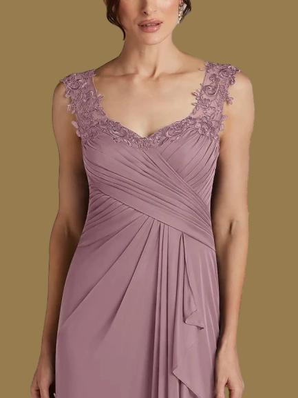 Weitese Dress A-Line Wedding Guest Elegant Sweetheart Floor Length Chiffon Sleeveless With Appliques Split Front Ruching Mother of the Bride Dress