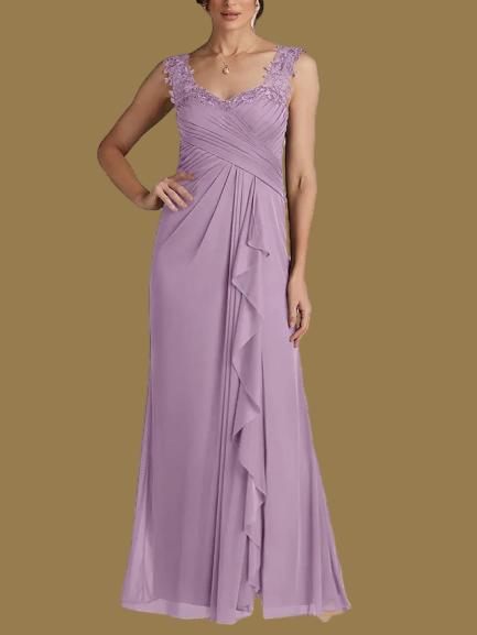 Weitese Dress A-Line Wedding Guest Elegant Sweetheart Floor Length Chiffon Sleeveless With Appliques Split Front Ruching Mother of the Bride Dress