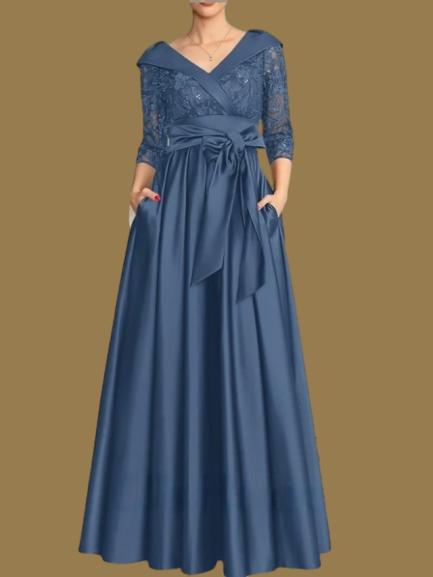 Weitese Dress A-Line Wedding Guest Elegant V Neck Floor Length Satin Lace 3/4 Length Sleeve with Lace Bow(s) Pleats Mother of the Bride Dress