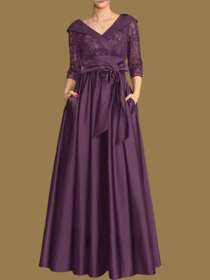 Weitese Dress A-Line Wedding Guest Elegant V Neck Floor Length Satin Lace 3/4 Length Sleeve with Lace Bow(s) Pleats Mother of the Bride Dress