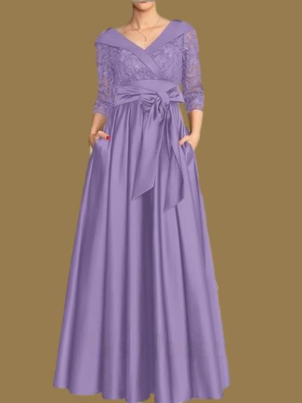 Weitese Dress A-Line Wedding Guest Elegant V Neck Floor Length Satin Lace 3/4 Length Sleeve with Lace Bow(s) Pleats Mother of the Bride Dress