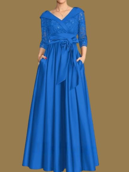 Weitese Dress A-Line Wedding Guest Elegant V Neck Floor Length Satin Lace 3/4 Length Sleeve with Lace Bow(s) Pleats Mother of the Bride Dress
