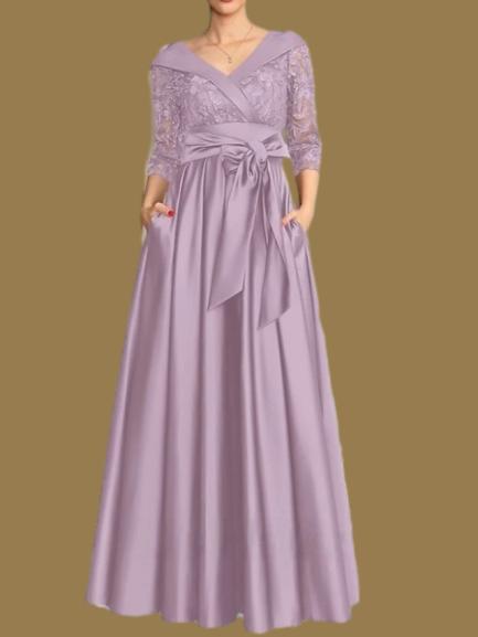 Weitese Dress A-Line Wedding Guest Elegant V Neck Floor Length Satin Lace 3/4 Length Sleeve with Lace Bow(s) Pleats Mother of the Bride Dress