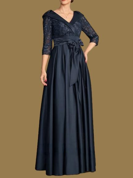 Weitese Dress A-Line Wedding Guest Elegant V Neck Floor Length Satin Lace 3/4 Length Sleeve with Lace Bow(s) Pleats Mother of the Bride Dress