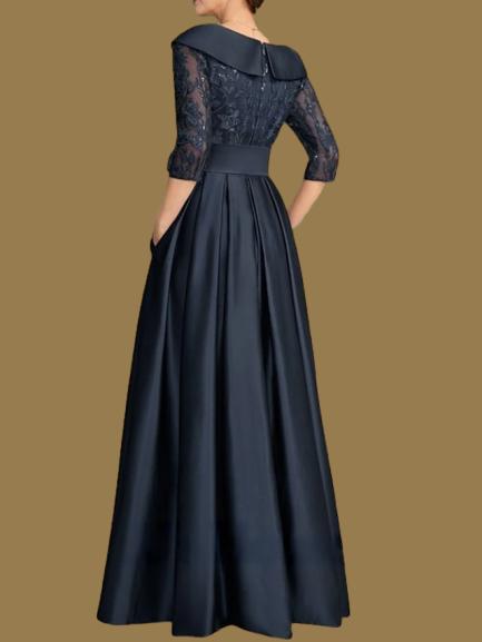 Weitese Dress A-Line Wedding Guest Elegant V Neck Floor Length Satin Lace 3/4 Length Sleeve with Lace Bow(s) Pleats Mother of the Bride Dress