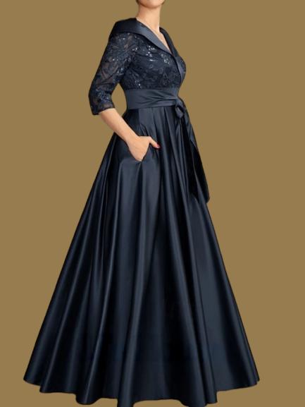 Weitese Dress A-Line Wedding Guest Elegant V Neck Floor Length Satin Lace 3/4 Length Sleeve with Lace Bow(s) Pleats Mother of the Bride Dress