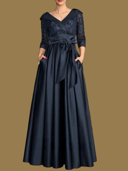 Weitese Dress A-Line Wedding Guest Elegant V Neck Floor Length Satin Lace 3/4 Length Sleeve with Lace Bow(s) Pleats Mother of the Bride Dress