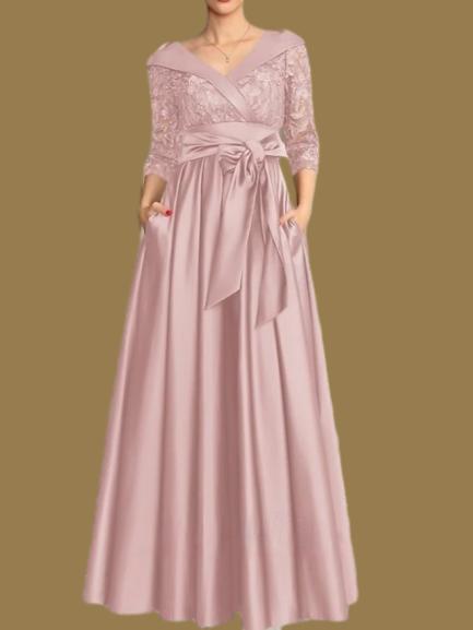 Weitese Dress A-Line Wedding Guest Elegant V Neck Floor Length Satin Lace 3/4 Length Sleeve with Lace Bow(s) Pleats Mother of the Bride Dress
