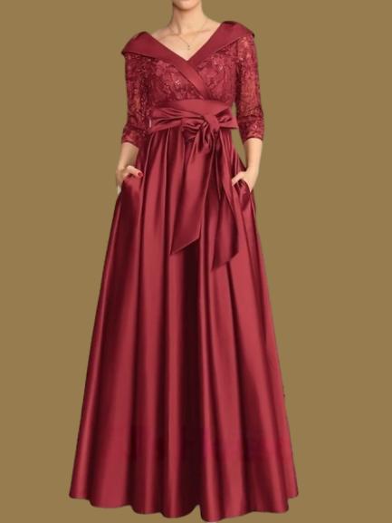 Weitese Dress A-Line Wedding Guest Elegant V Neck Floor Length Satin Lace 3/4 Length Sleeve with Lace Bow(s) Pleats Mother of the Bride Dress