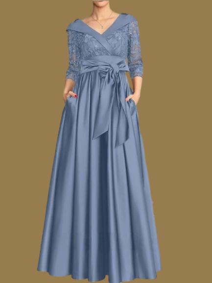 Weitese Dress A-Line Wedding Guest Elegant V Neck Floor Length Satin Lace 3/4 Length Sleeve with Lace Bow(s) Pleats Mother of the Bride Dress