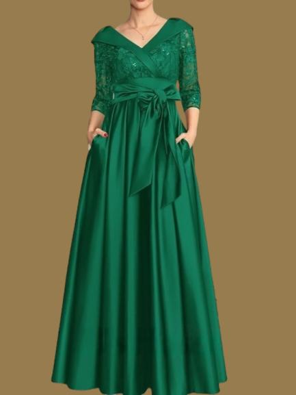 Weitese Dress A-Line Wedding Guest Elegant V Neck Floor Length Satin Lace 3/4 Length Sleeve with Lace Bow(s) Pleats Mother of the Bride Dress