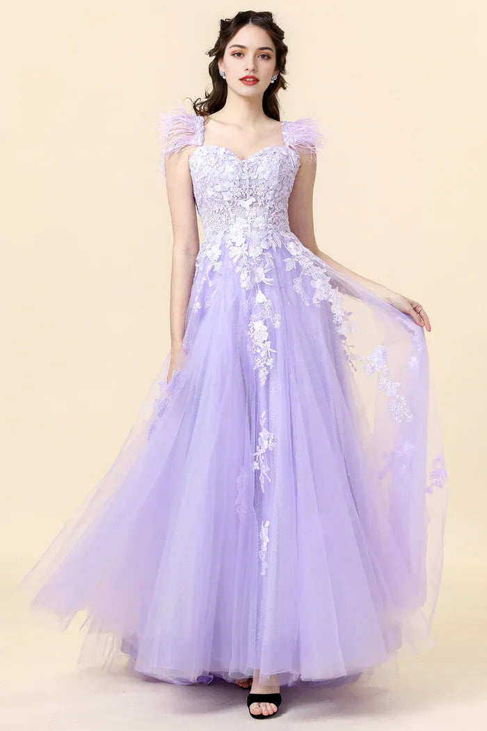 Robe Weitese A-Line à bretelles larges, robe longue violette avec appliques, robe de bal classique à lacets, robe de soirée 