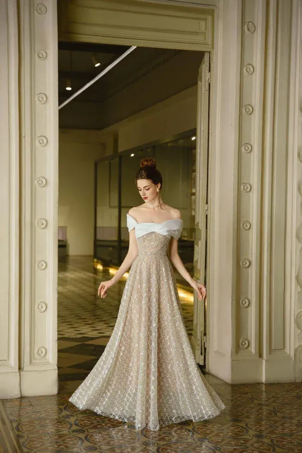 Robe Weitese A-line col asymétrique tulle longueur au sol robe longue sans manches élégante scintillante et brillante robe de bal dos nu 