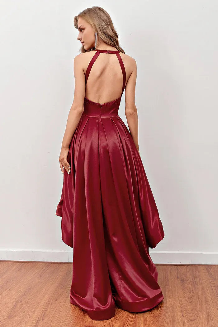 Robe Weitese coupe trapèze bordeaux, coupe haute et basse, avec poches, sans manches 