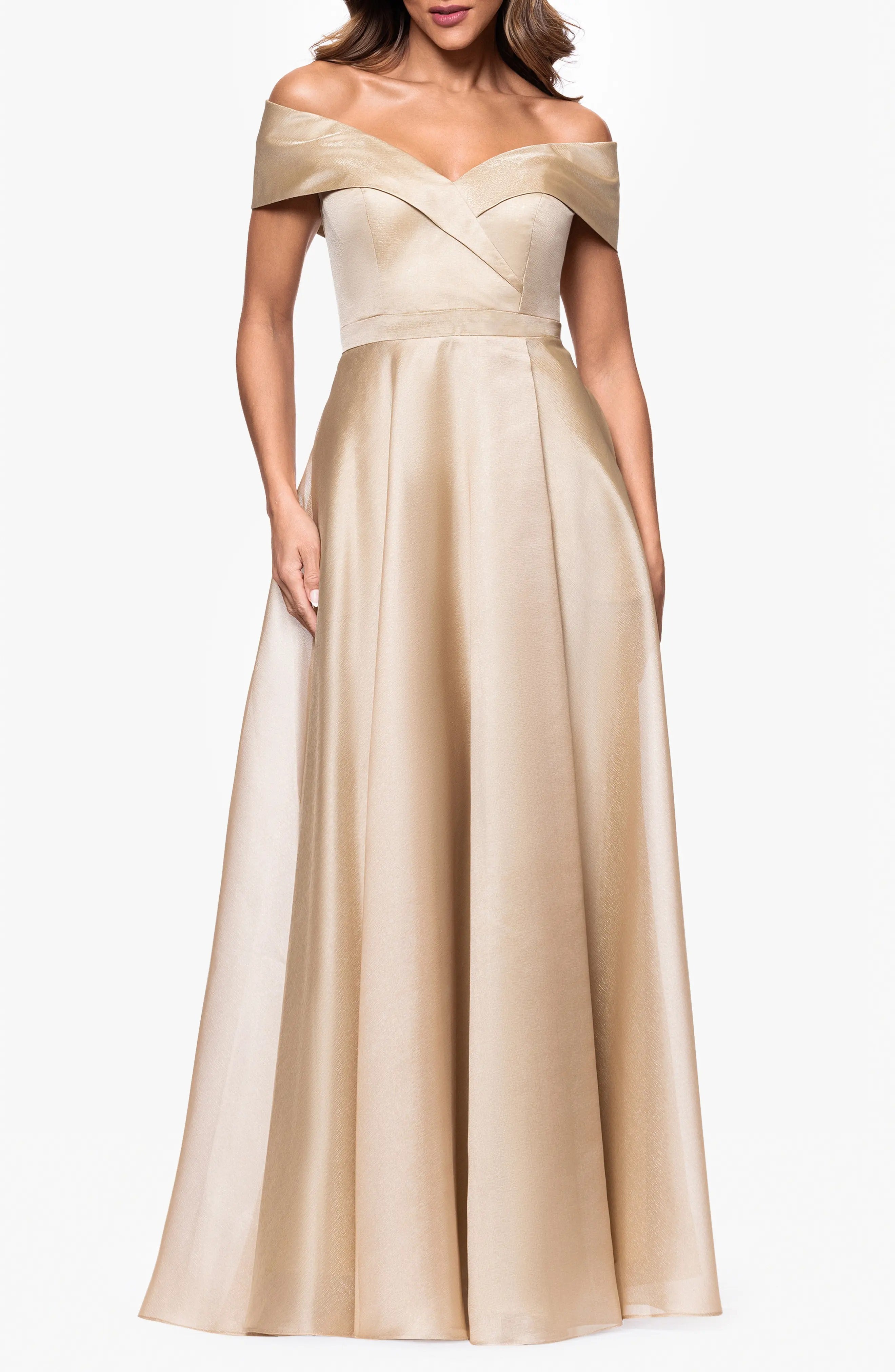 Weitese Dress A-line Champagne Satin Off Shoulder Maxi Dress with V Neckline and Flared Dress Prom Dress