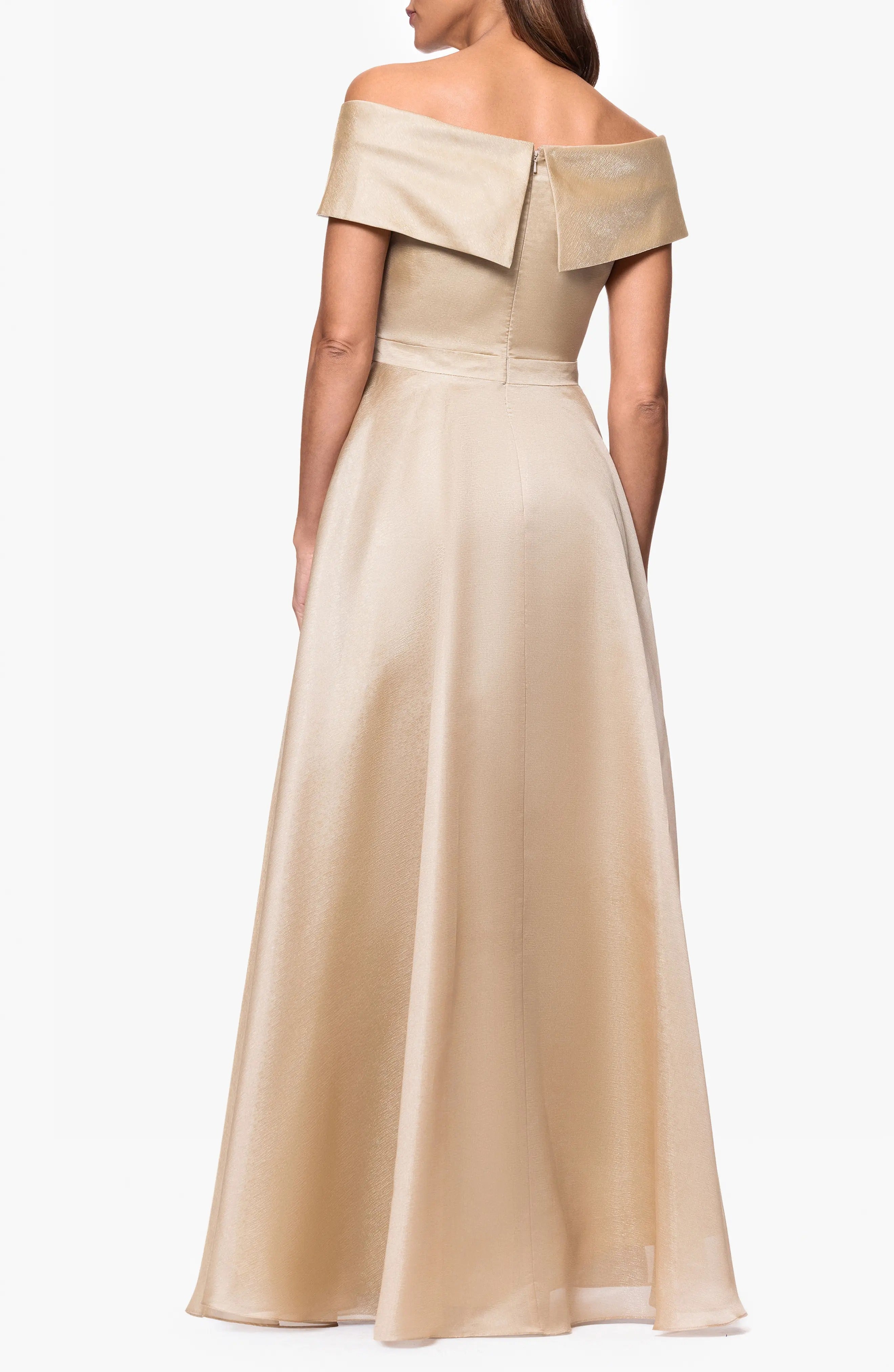 Weitese Dress A-line Champagne Satin Off Shoulder Maxi Dress with V Neckline and Flared Dress Prom Dress