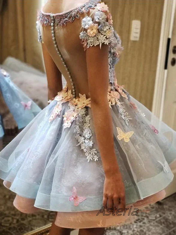 Weitese Dress A-line Chic 3D Floral Scoop Short Sleeve Short Party Dress Prom Dress Homecoming Dress