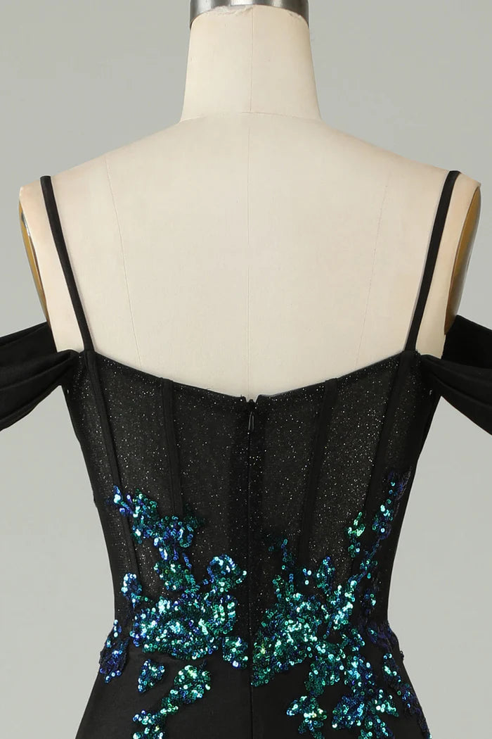 Weitese Dress A-line Cold Shoulder Black Sequins Corset Spaghetti Straps Long Party Dress Prom Dress