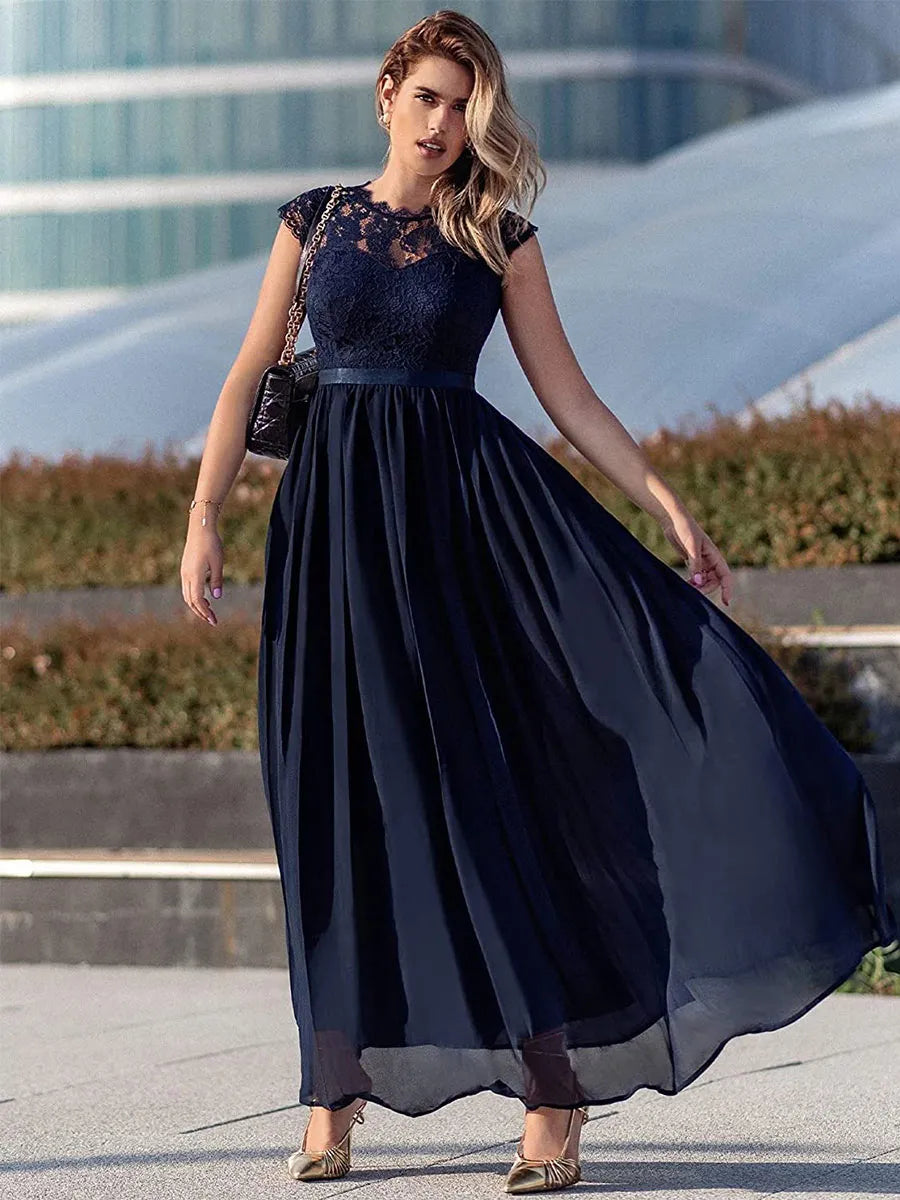 Weitese Dress A-line Dark Navy Cap Sleeves Maxi Dress Lace Bodice Ribbon Waist Prom Dresses Mother of the Bride Dress