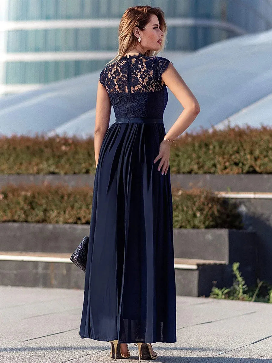 Weitese Dress A-line Dark Navy Cap Sleeves Maxi Dress Lace Bodice Ribbon Waist Prom Dresses Mother of the Bride Dress
