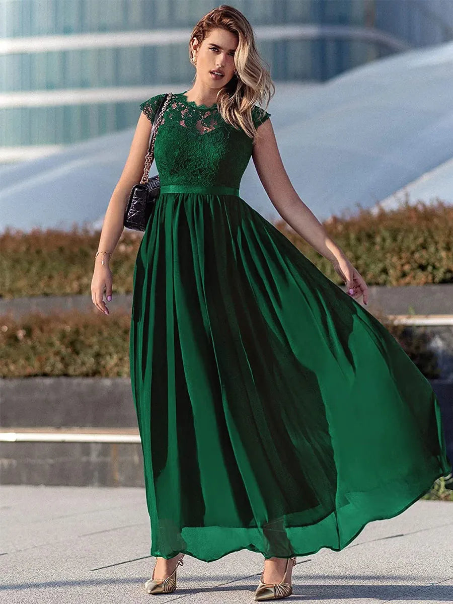 Weitese Dress A-line Dark Navy Cap Sleeves Maxi Dress Lace Bodice Ribbon Waist Prom Dresses Mother of the Bride Dress