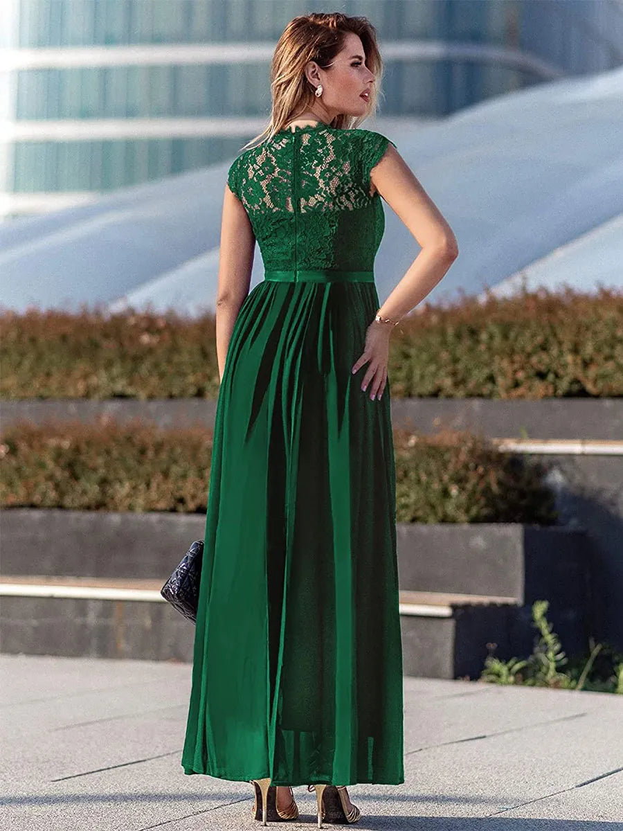 Weitese Dress A-line Dark Navy Cap Sleeves Maxi Dress Lace Bodice Ribbon Waist Prom Dresses Mother of the Bride Dress