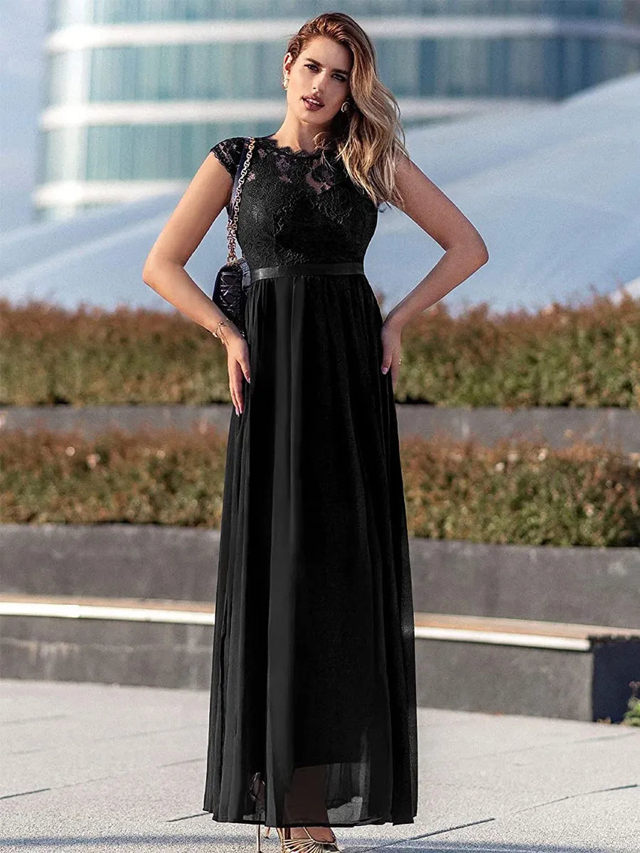Weitese Dress A-line Dark Navy Cap Sleeves Maxi Dress Lace Bodice Ribbon Waist Prom Dresses Mother of the Bride Dress
