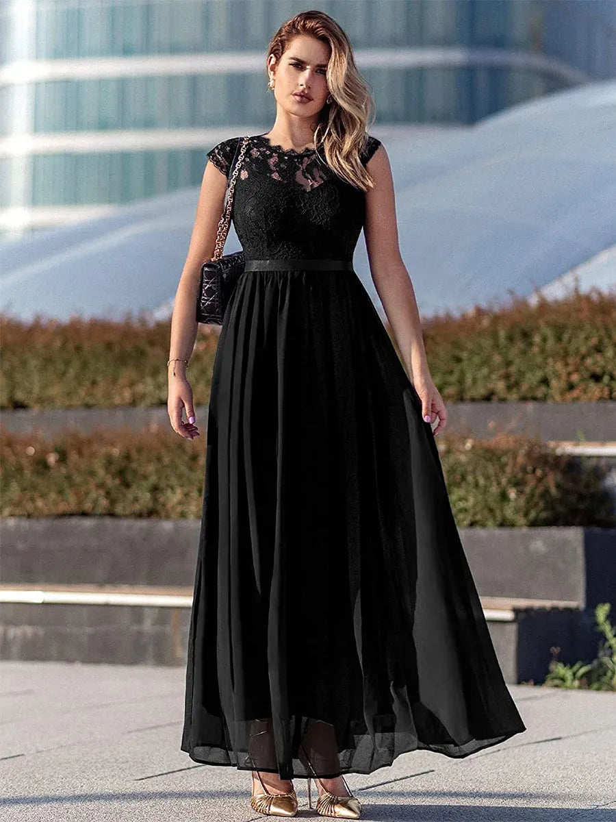 Weitese Dress A-line Dark Navy Cap Sleeves Maxi Dress Lace Bodice Ribbon Waist Prom Dresses Mother of the Bride Dress