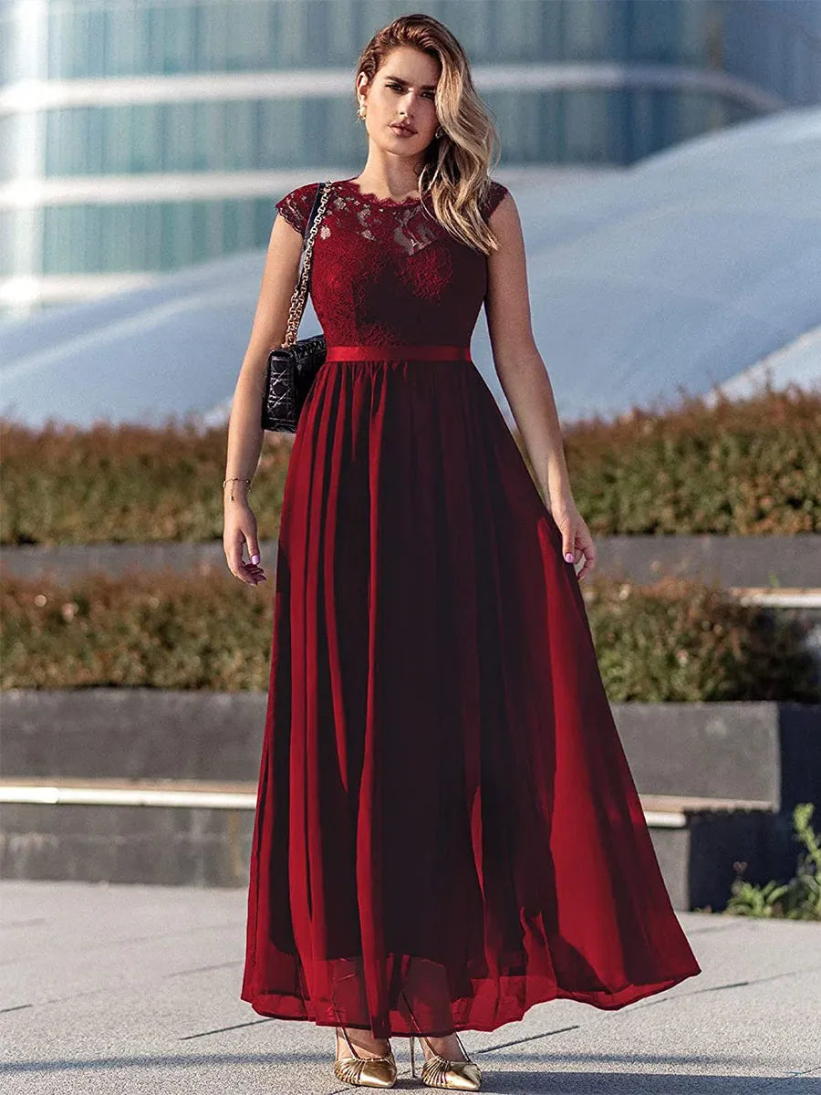 Weitese Dress A-line Dark Navy Cap Sleeves Maxi Dress Lace Bodice Ribbon Waist Prom Dresses Mother of the Bride Dress