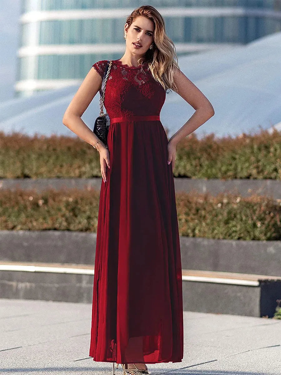 Weitese Dress A-line Dark Navy Cap Sleeves Maxi Dress Lace Bodice Ribbon Waist Prom Dresses Mother of the Bride Dress