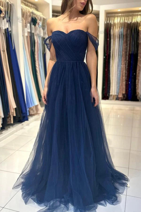 Weitese Dress A-line Dark Navy Tulle Evening Dress Long Off-the-Shoulder Sleeveless Prom Dress