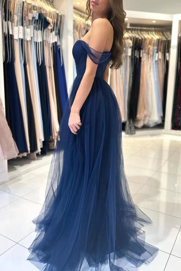 Weitese Dress A-line Dark Navy Tulle Evening Dress Long Off-the-Shoulder Sleeveless Prom Dress