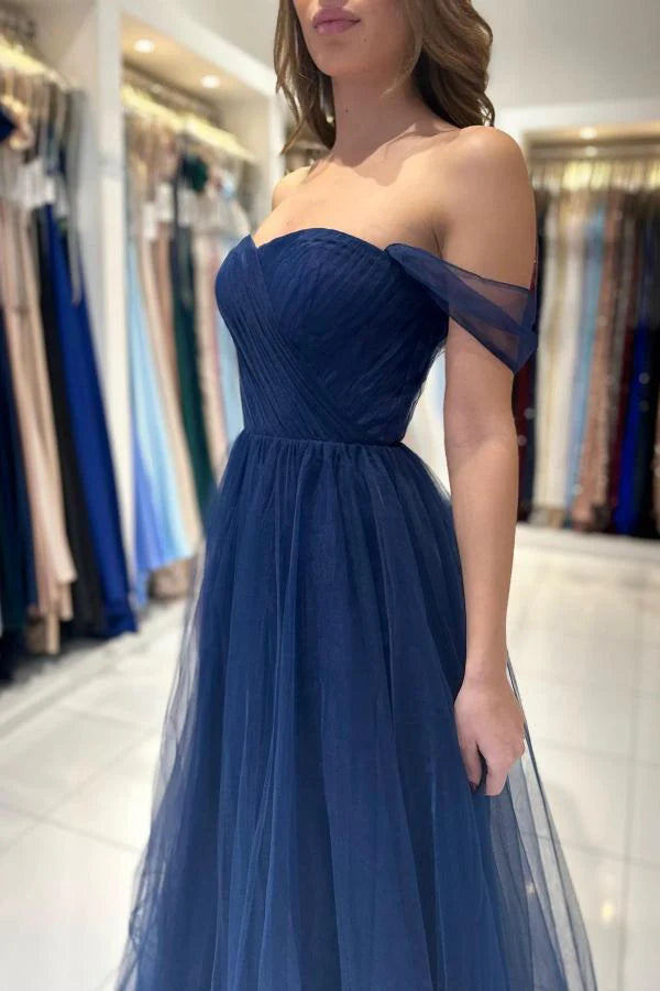 Weitese Dress A-line Dark Navy Tulle Evening Dress Long Off-the-Shoulder Sleeveless Prom Dress