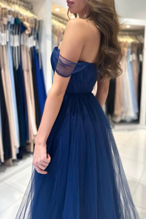 Weitese Dress A-line Dark Navy Tulle Evening Dress Long Off-the-Shoulder Sleeveless Prom Dress