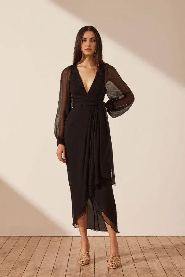 Vestido Weitese de corte A, escote en V profundo, largo hasta los tobillos, manga larga, midi, vestido de fiesta negro 