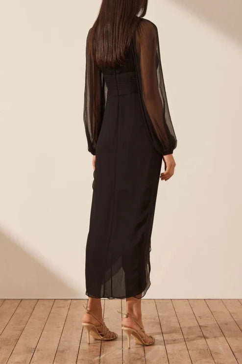 Vestido Weitese de corte A, escote en V profundo, largo hasta los tobillos, manga larga, midi, vestido de fiesta negro 