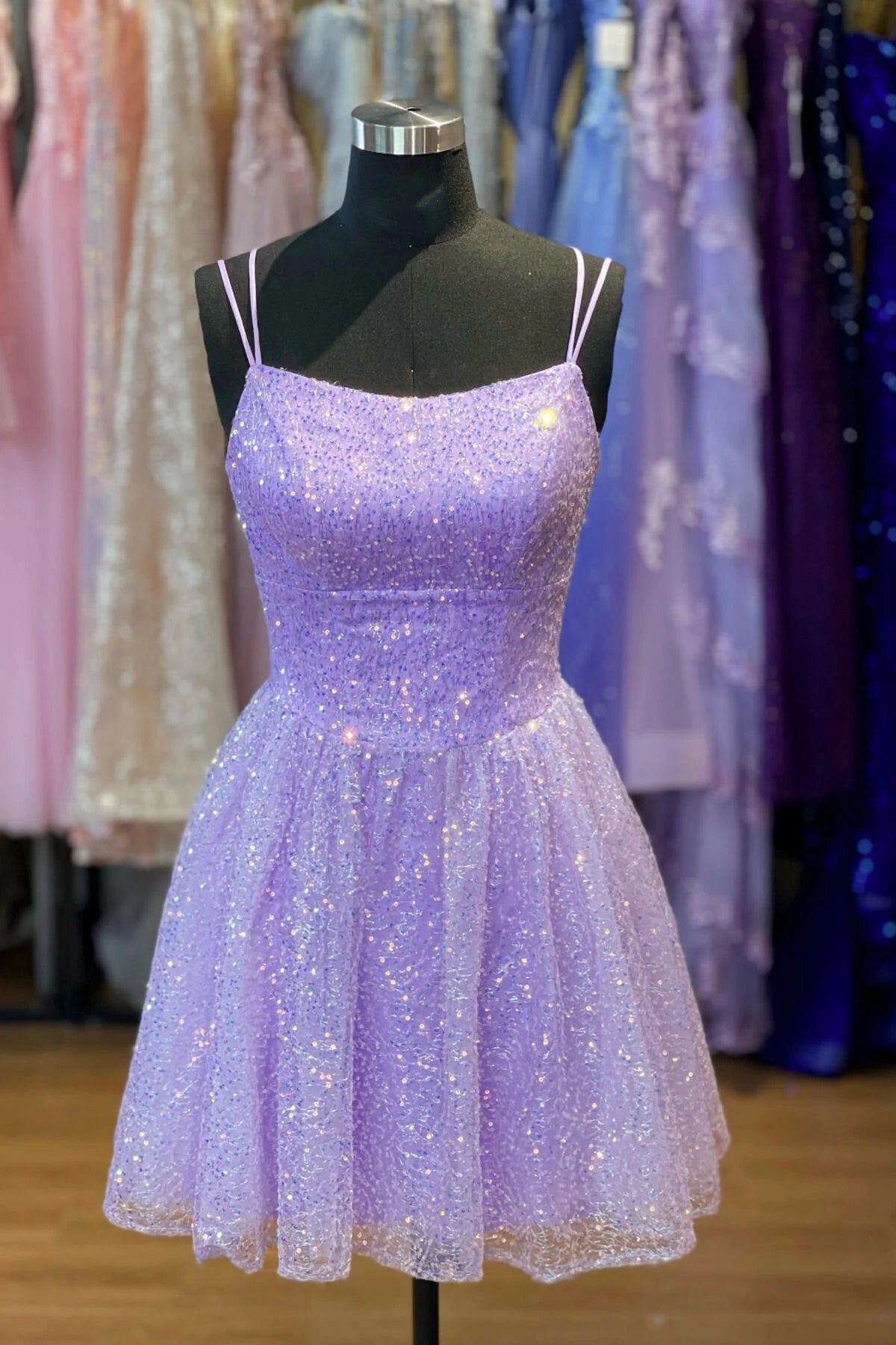 Weitese Dress A-line Double Spaghetti Straps Lavender Tulle Short Homecoming Dress