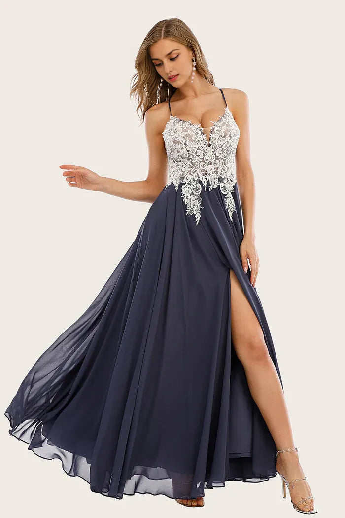 Weitese Dress Dusty Blue Long Chiffon A-line Party Dress With Lace Applique Prom Dress