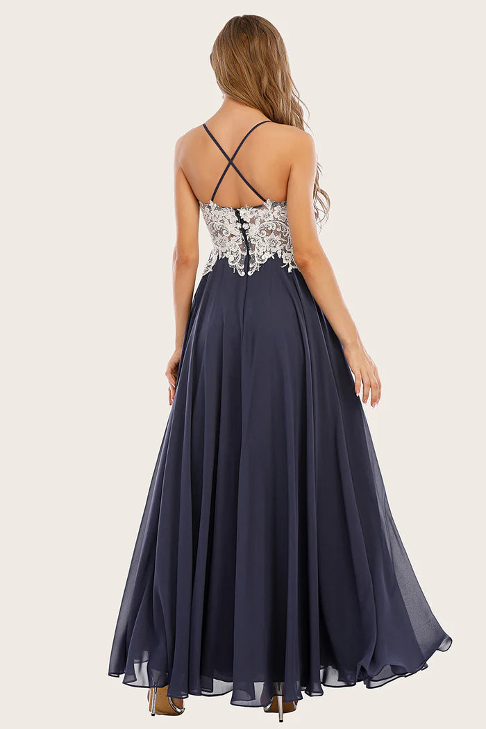 Weitese Dress Dusty Blue Long Chiffon A-line Party Dress With Lace Applique Prom Dress